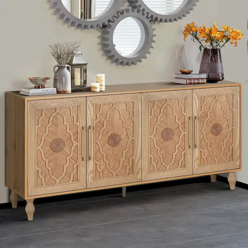 Bahut de rangement en bois sculpté fleur style bohème 4 portes noir et marron
