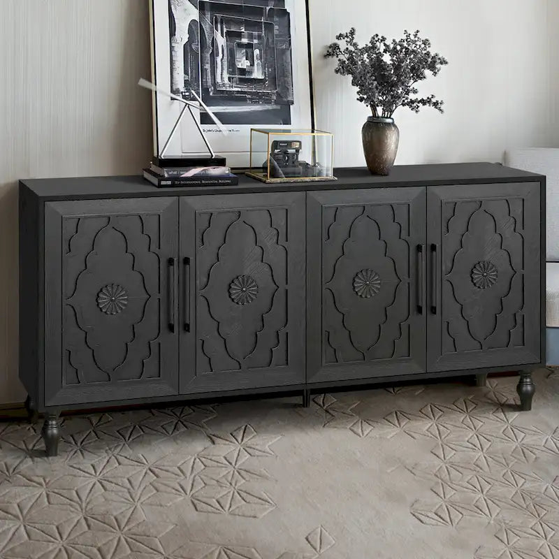 Bahut de rangement en bois sculpté fleur style bohème 4 portes noir et marron