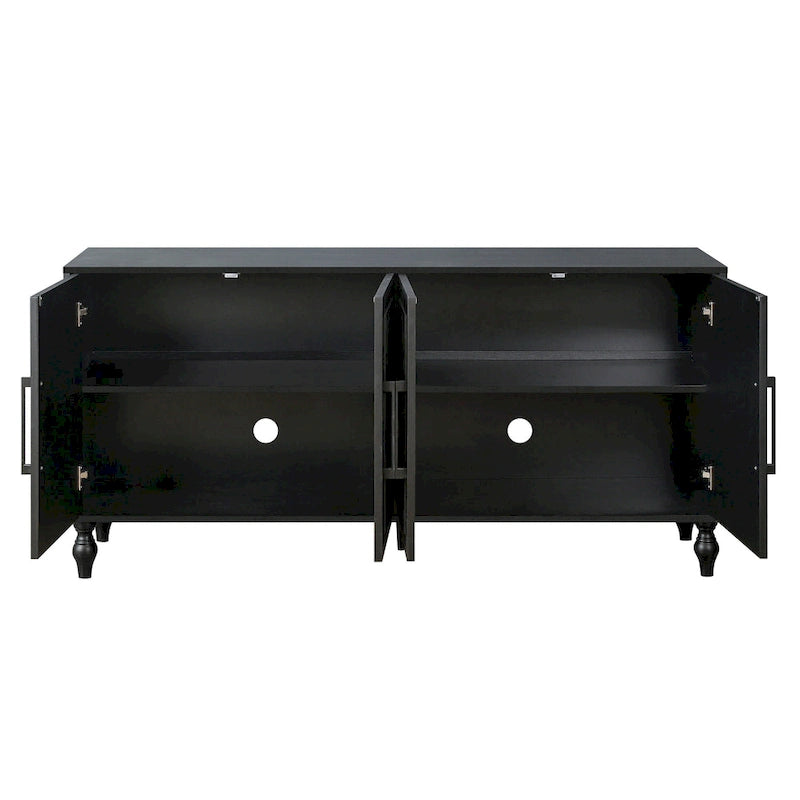 Bahut de rangement en bois sculpté fleur style bohème 4 portes noir et marron