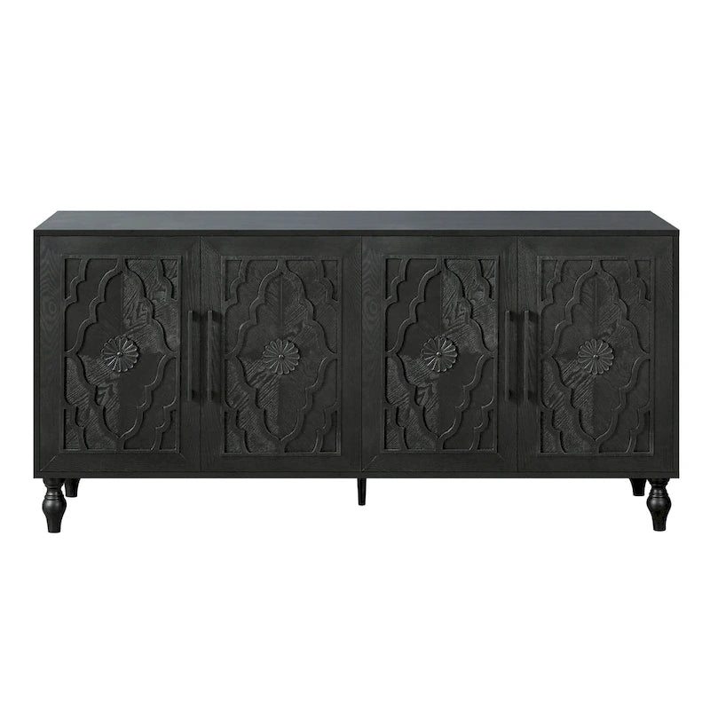 Bahut de rangement en bois sculpté fleur style bohème 4 portes noir et marron