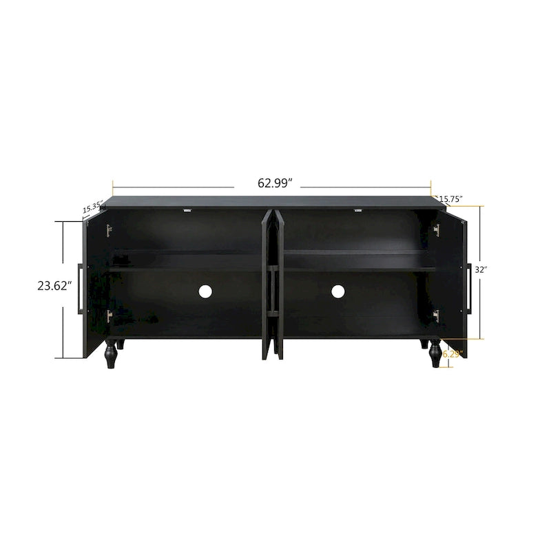 Bahut de rangement en bois sculpté fleur style bohème 4 portes noir et marron