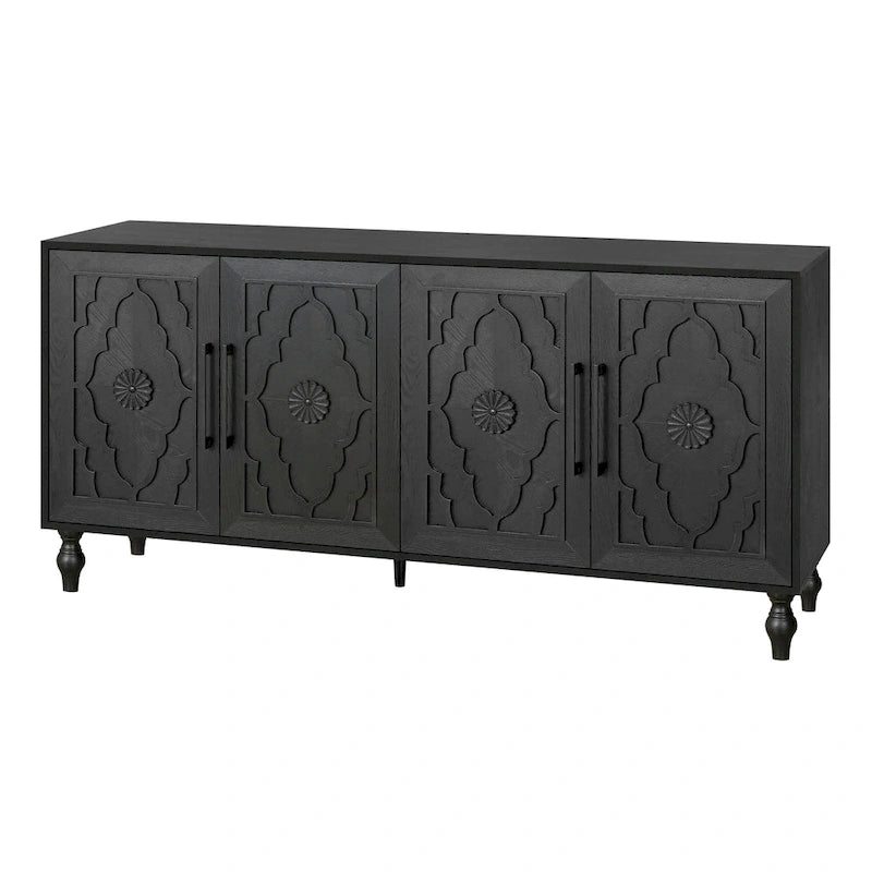 Bahut de rangement en bois sculpté fleur style bohème 4 portes noir et marron
