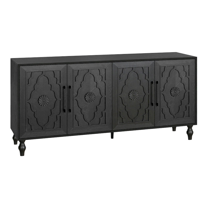 Bahut de rangement en bois sculpté fleur style bohème 4 portes noir et marron