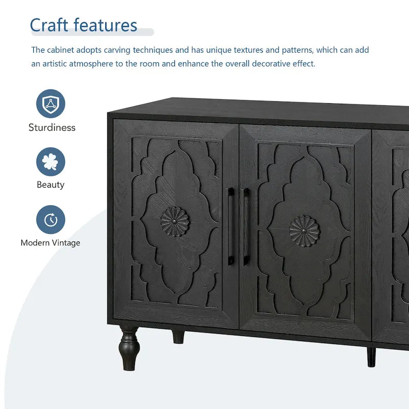 Bahut de rangement en bois sculpté fleur style bohème 4 portes noir et marron