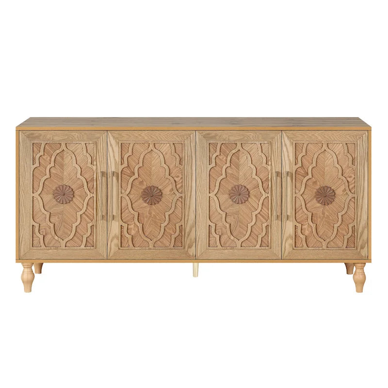 Bahut de rangement en bois sculpté fleur style bohème 4 portes noir et marron