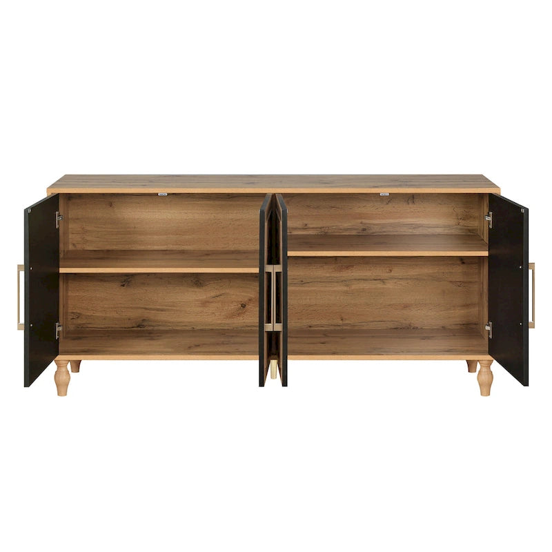 Bahut de rangement en bois sculpté fleur style bohème 4 portes noir et marron