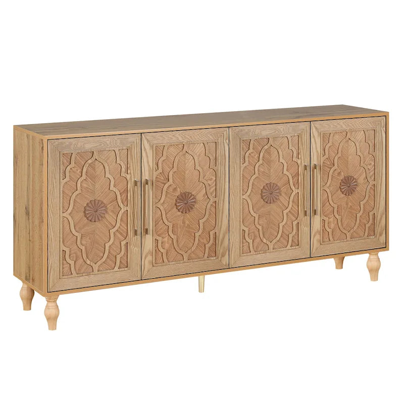 Bahut de rangement en bois sculpté fleur style bohème 4 portes noir et marron