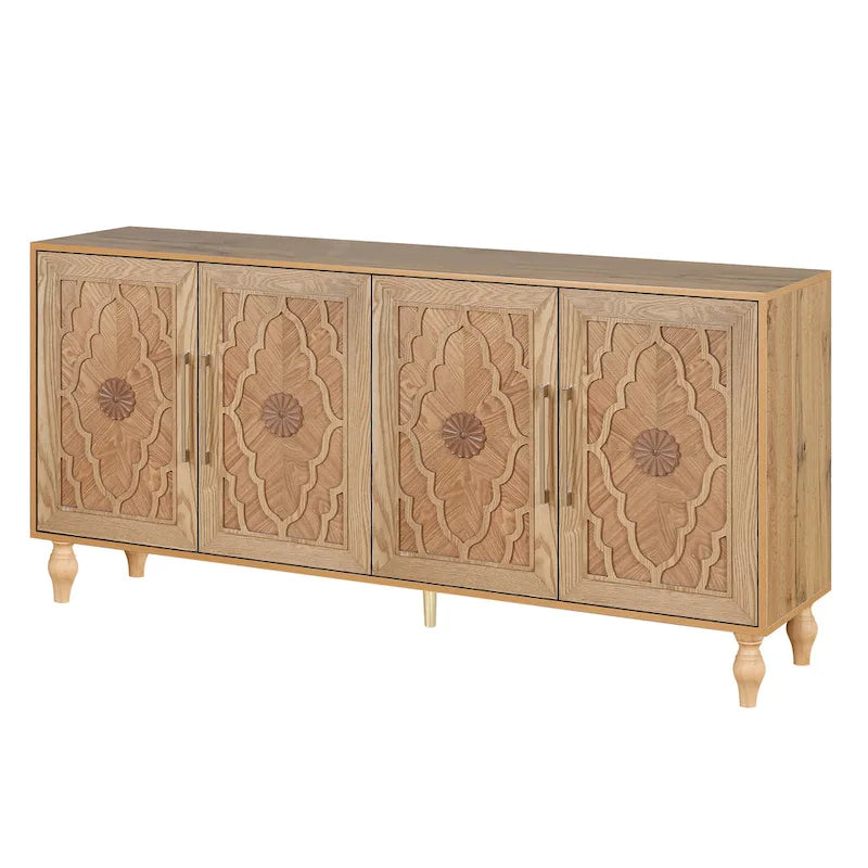Bahut de rangement en bois sculpté fleur style bohème 4 portes noir et marron