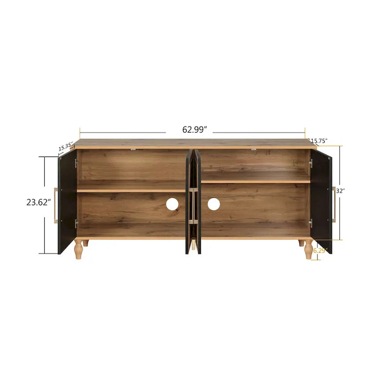 Bahut de rangement en bois sculpté fleur style bohème 4 portes noir et marron