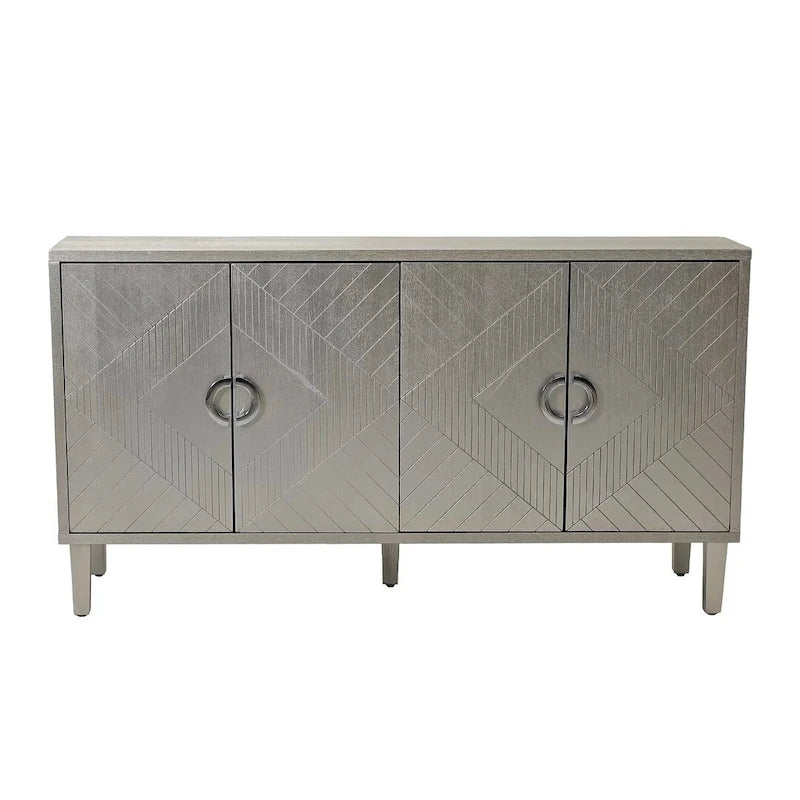 Buffet enfilade moderne à 4 portes avec portes sculptées géométriques, bleu marine et champagne