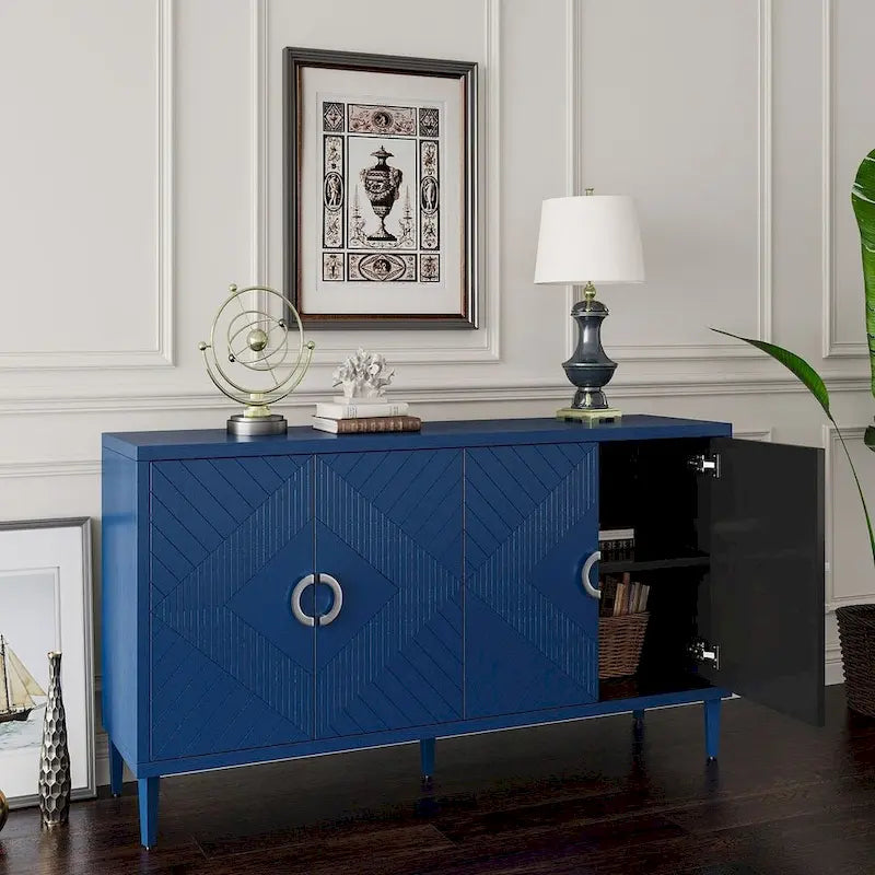 Buffet enfilade moderne à 4 portes avec portes sculptées géométriques, bleu marine et champagne