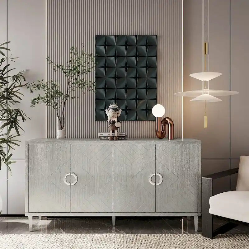 Buffet enfilade moderne à 4 portes avec portes sculptées géométriques, bleu marine et champagne