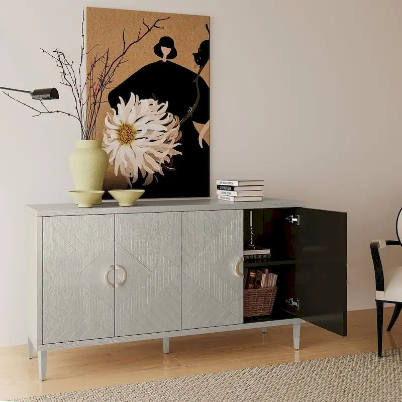 Buffet enfilade moderne à 4 portes avec portes sculptées géométriques, bleu marine et champagne