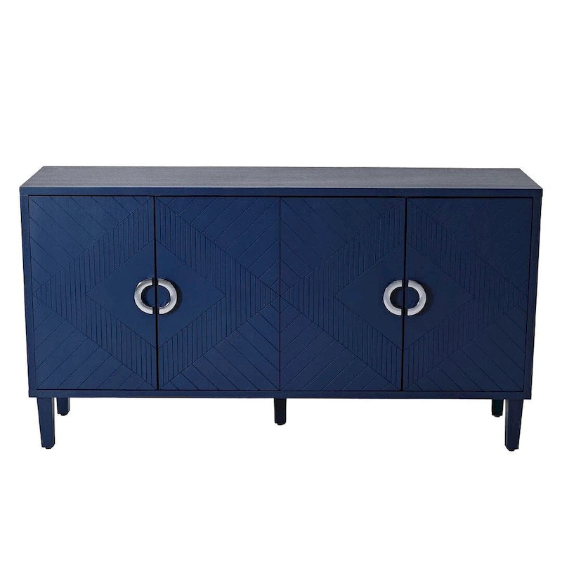 Buffet enfilade moderne à 4 portes avec portes sculptées géométriques, bleu marine et champagne