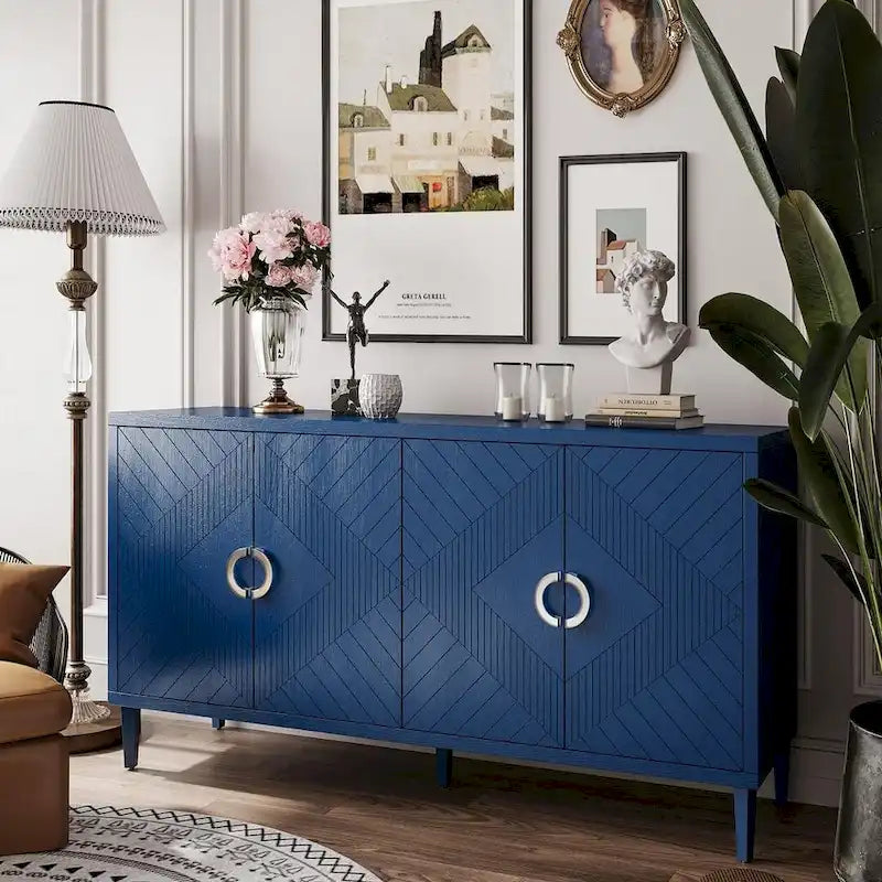 Buffet enfilade moderne à 4 portes avec portes sculptées géométriques, bleu marine et champagne