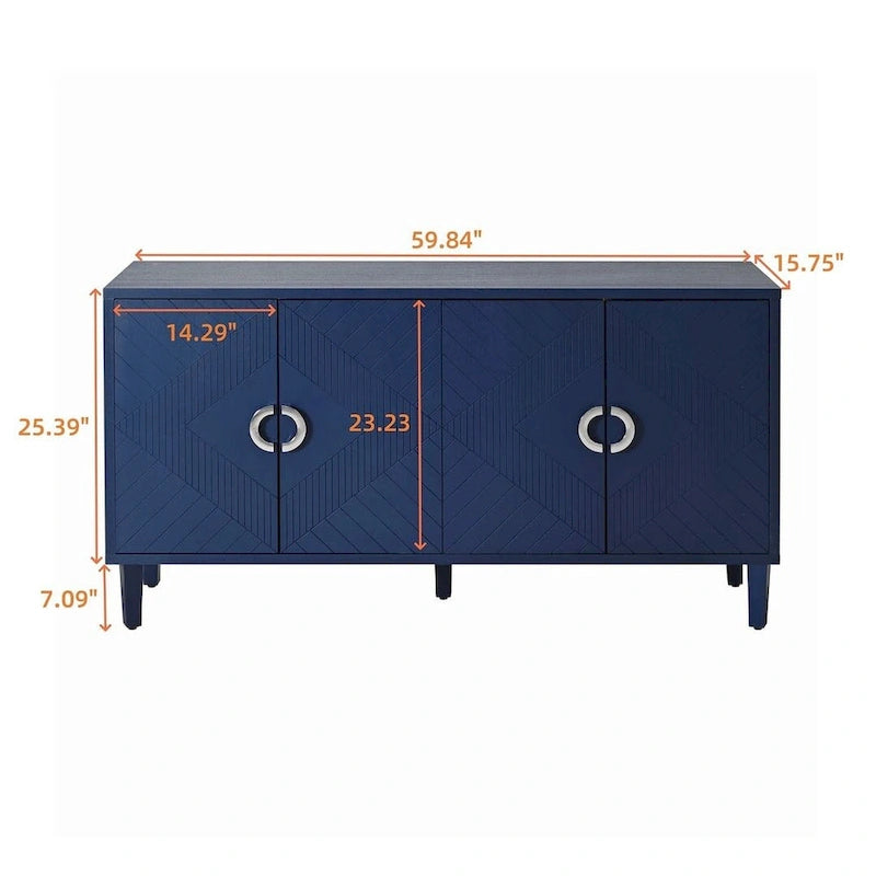 Buffet enfilade moderne à 4 portes avec portes sculptées géométriques, bleu marine et champagne