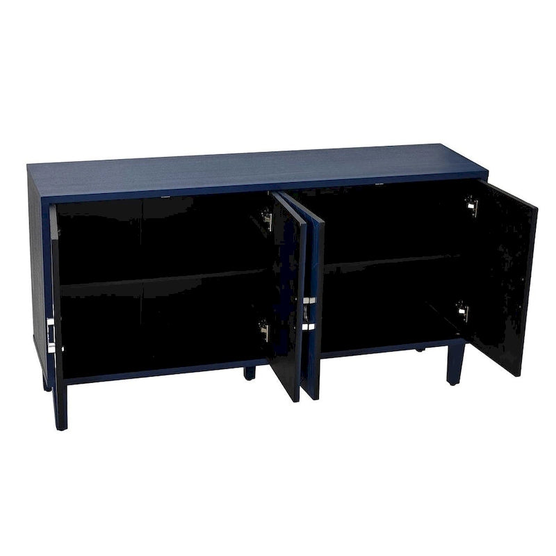 Buffet enfilade moderne à 4 portes avec portes sculptées géométriques, bleu marine et champagne