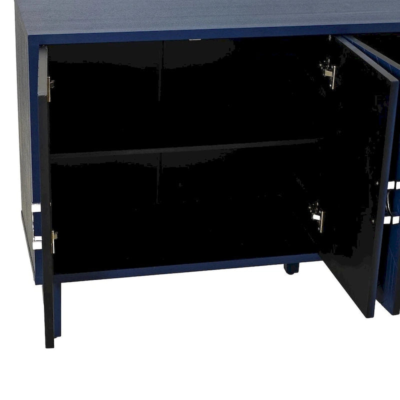 Buffet enfilade moderne à 4 portes avec portes sculptées géométriques, bleu marine et champagne