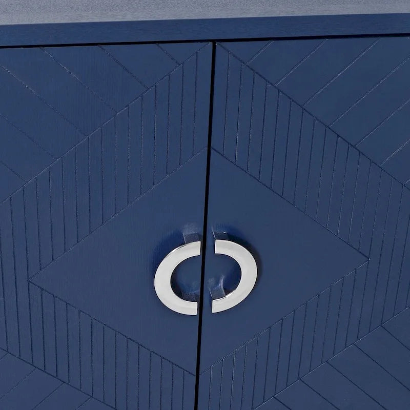 Buffet enfilade moderne à 4 portes avec portes sculptées géométriques, bleu marine et champagne