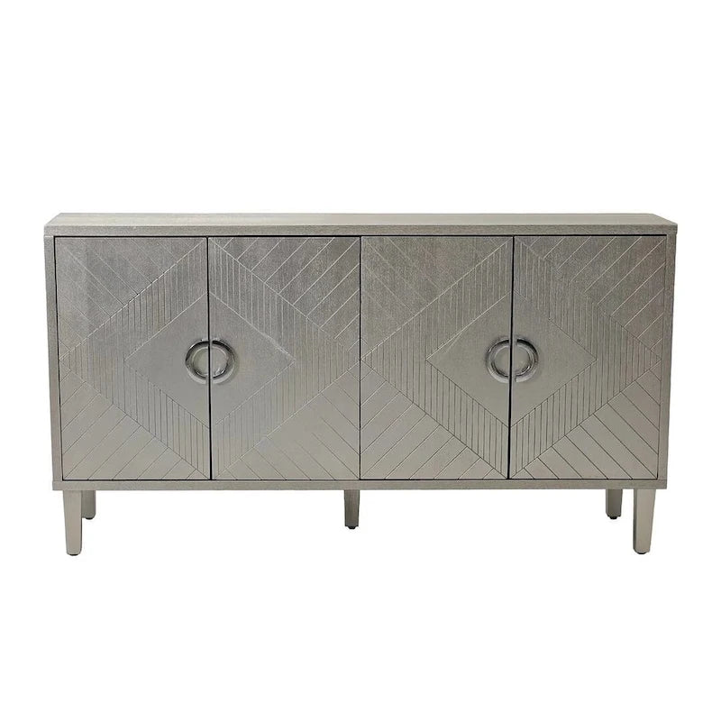 Buffet enfilade moderne à 4 portes avec portes sculptées géométriques, bleu marine et champagne