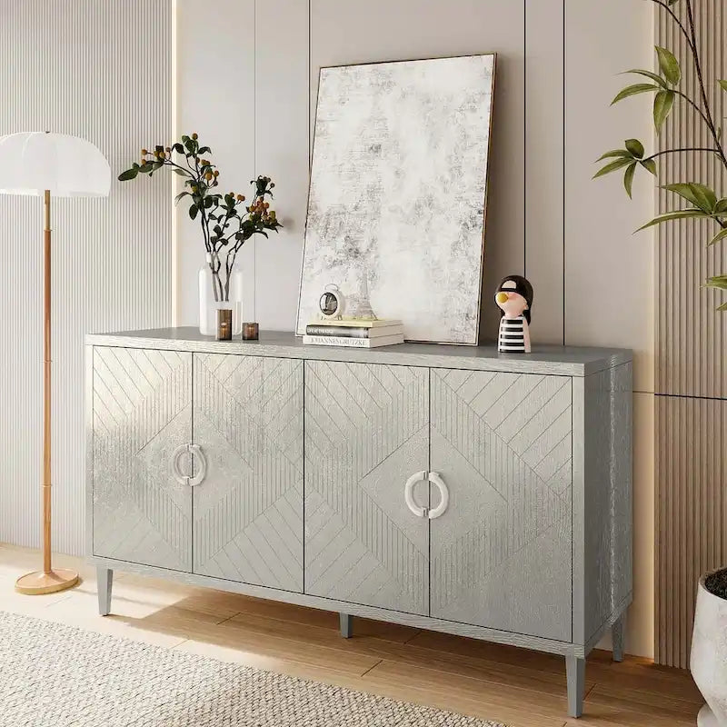 Buffet enfilade moderne à 4 portes avec portes sculptées géométriques, bleu marine et champagne