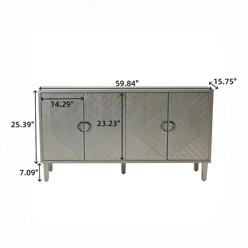 Buffet enfilade moderne à 4 portes avec portes sculptées géométriques, bleu marine et champagne