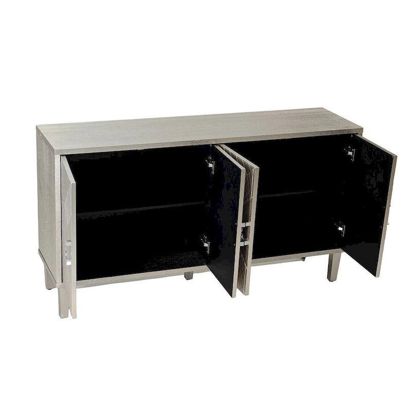 Buffet enfilade moderne à 4 portes avec portes sculptées géométriques, bleu marine et champagne