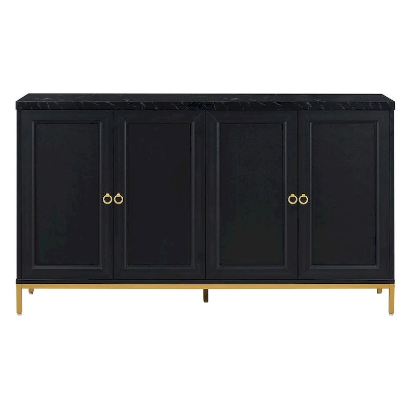 Bahut à quatre portes avec plateau en faux marbre et pieds en métal doré, noir