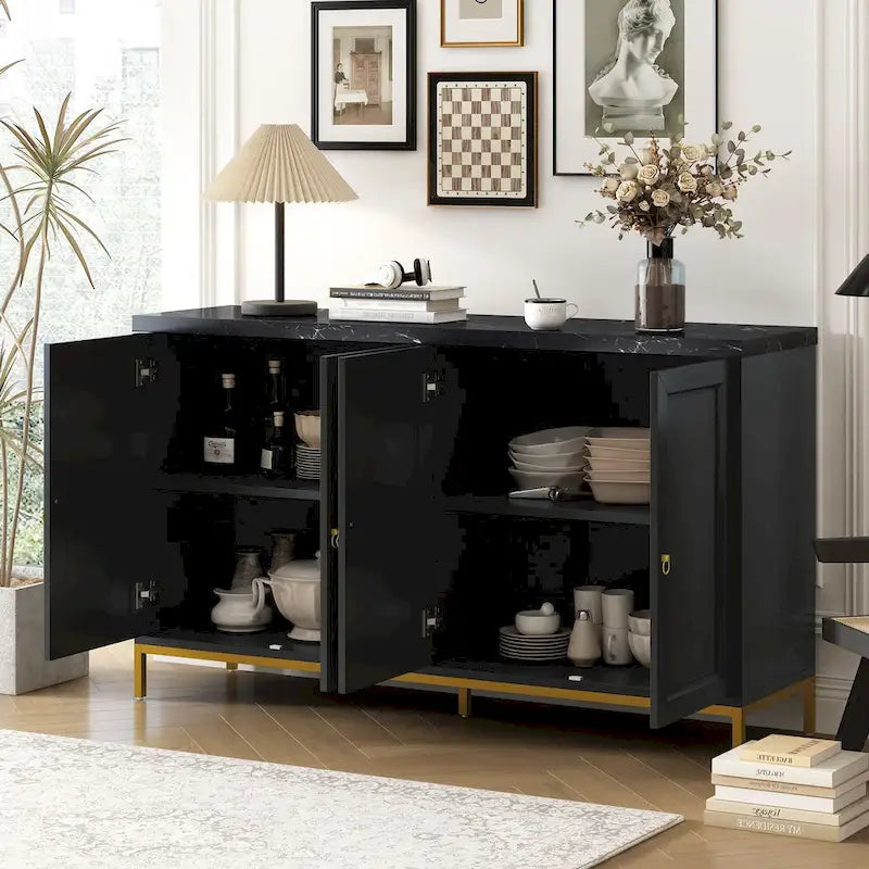 Bahut à quatre portes avec plateau en faux marbre et pieds en métal doré, noir