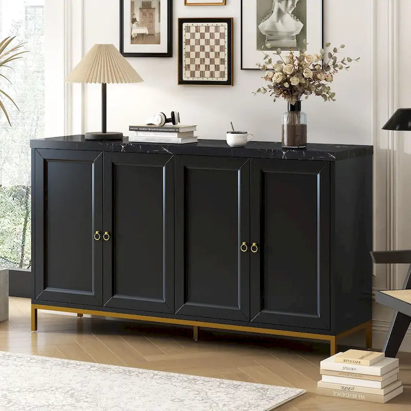 Bahut à quatre portes avec plateau en faux marbre et pieds en métal doré, noir