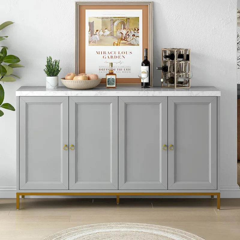 Bahut à quatre portes avec plateau en faux marbre et pieds en métal doré, noir