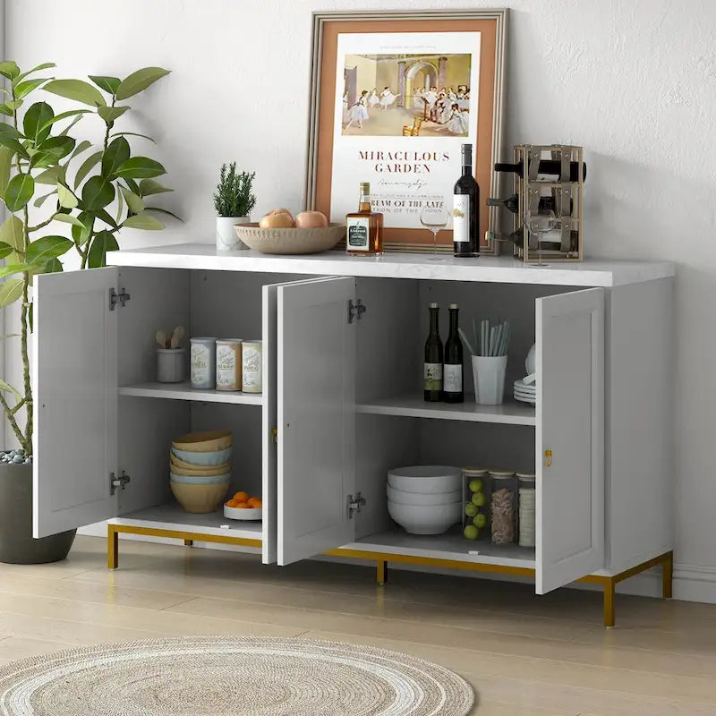 Bahut à quatre portes avec plateau en faux marbre et pieds en métal doré, noir