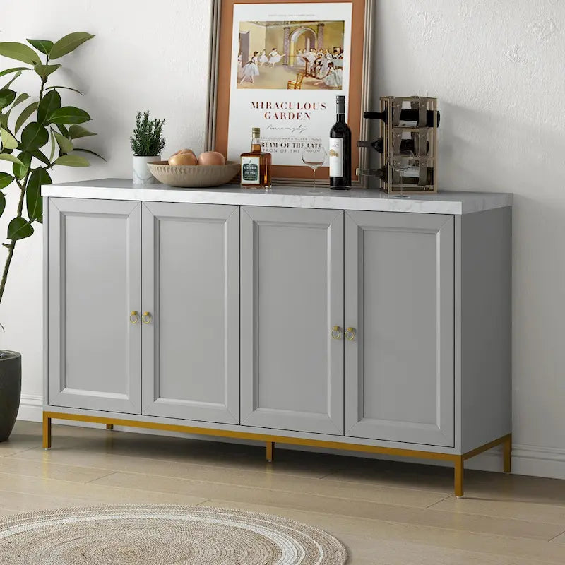Bahut à quatre portes avec plateau en faux marbre et pieds en métal doré, noir