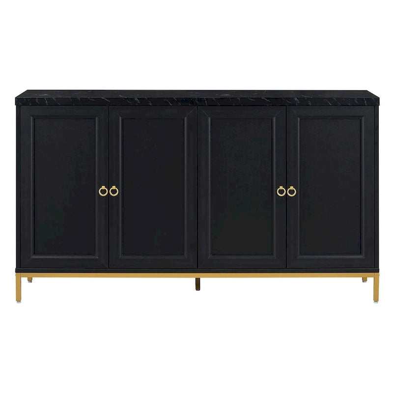 Bahut à quatre portes avec plateau en faux marbre et pieds en métal doré, noir