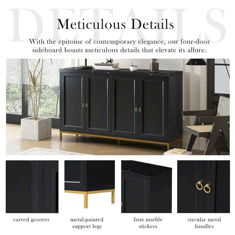 Bahut à quatre portes avec plateau en faux marbre et pieds en métal doré, noir