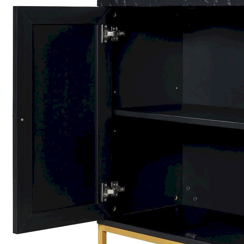 Bahut à quatre portes avec plateau en faux marbre et pieds en métal doré, noir