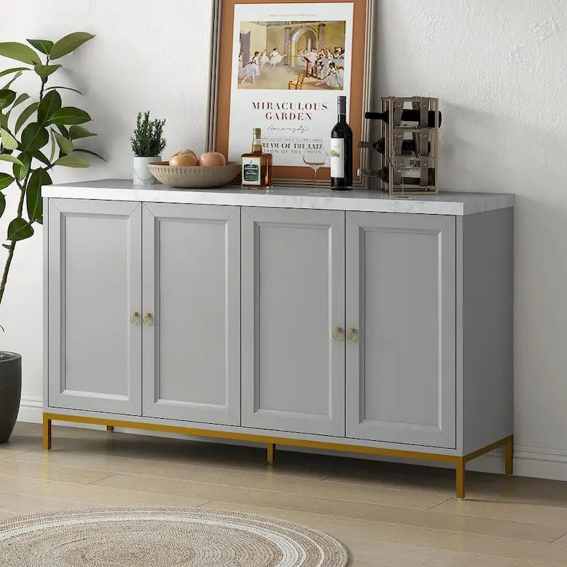 Bahut à quatre portes avec plateau en faux marbre et pieds en métal doré, noir