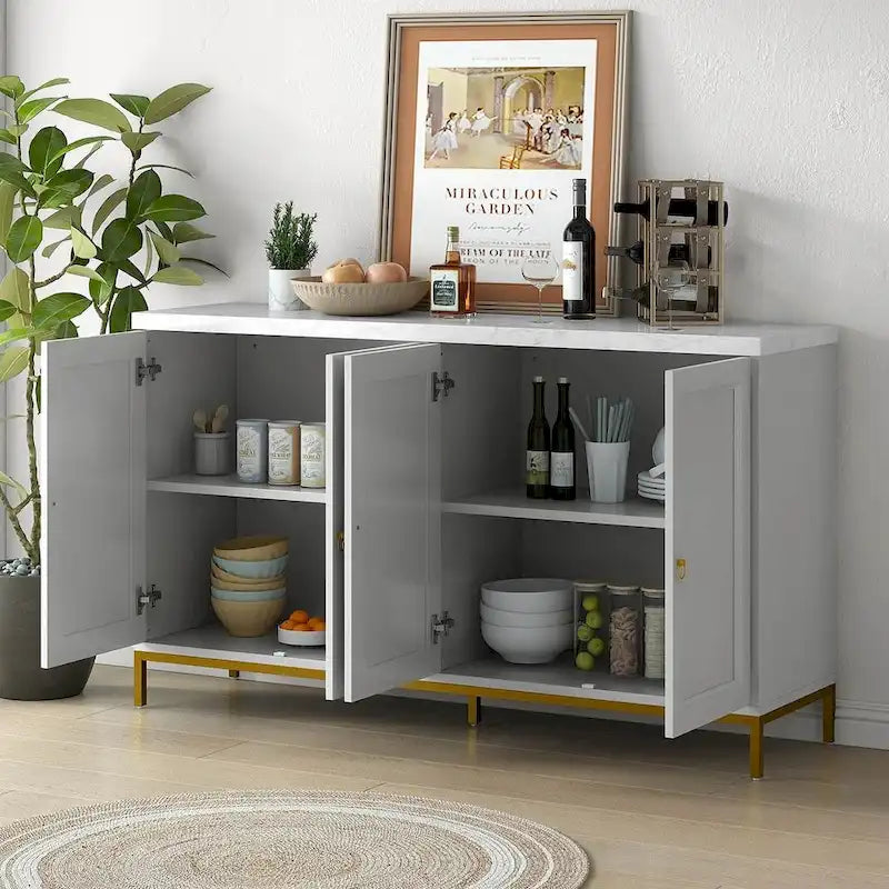 Bahut à quatre portes avec plateau en faux marbre et pieds en métal doré, noir