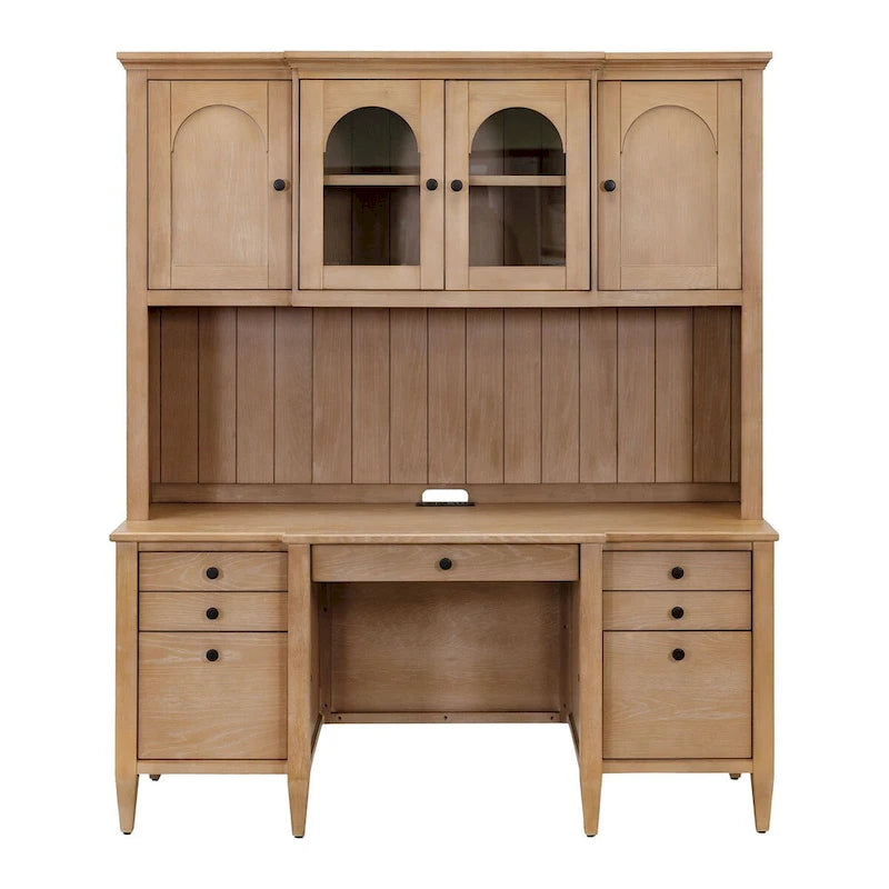 Vaisselier en bois avec portes en verre cintrées et étagères ouvertes, marron clair