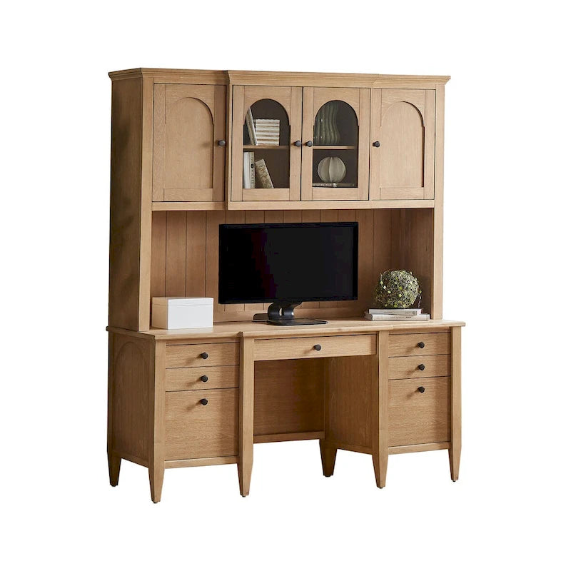 Vaisselier en bois avec portes en verre cintrées et étagères ouvertes, marron clair