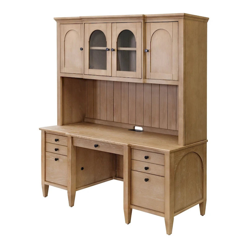 Vaisselier en bois avec portes en verre cintrées et étagères ouvertes, marron clair