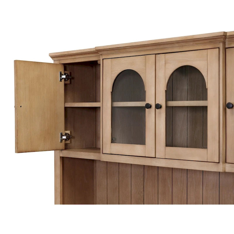 Vaisselier en bois avec portes en verre cintrées et étagères ouvertes, marron clair