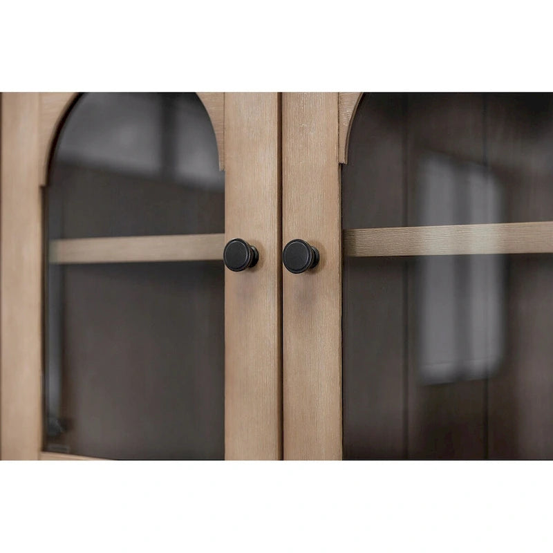 Vaisselier en bois avec portes en verre cintrées et étagères ouvertes, marron clair