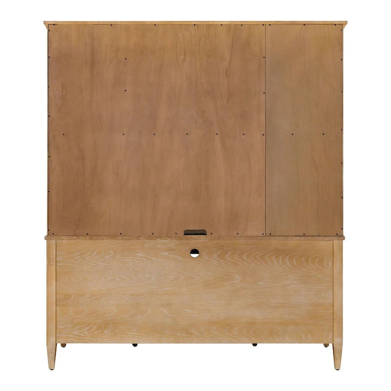 Vaisselier en bois avec portes en verre cintrées et étagères ouvertes, marron clair