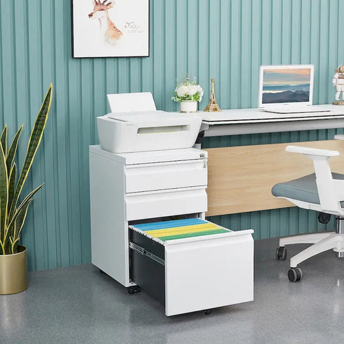 3 Drawer File Cabinet with Lock, Steel Mobile Filing Cabinet on Anti-tilt Wheels, Rolling Locking Office Cabinets Under Desk