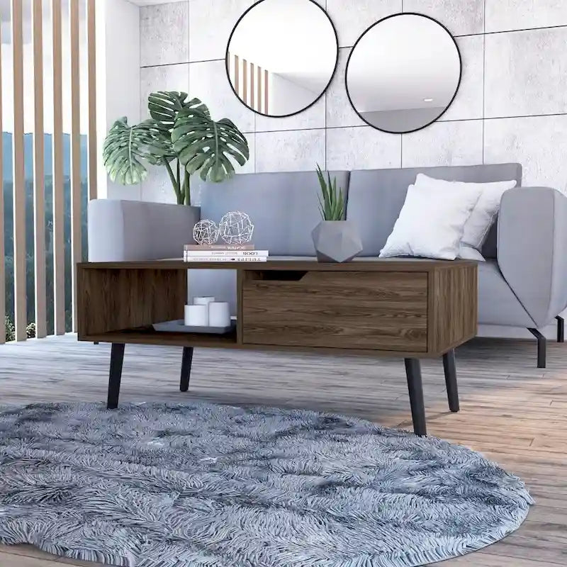 Table basse Mid-century en noyer foncé avec tiroir et étagère ouverte