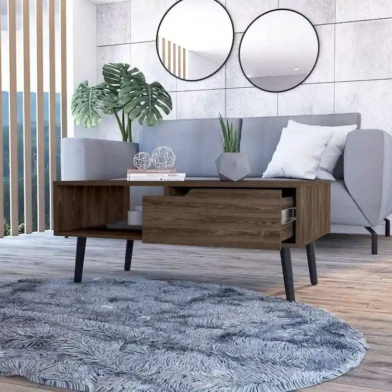 Table basse Mid-century en noyer foncé avec tiroir et étagère ouverte
