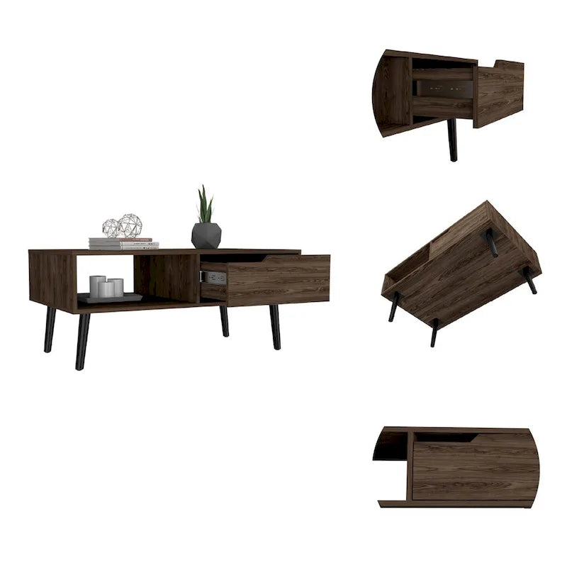 Table basse Mid-century en noyer foncé avec tiroir et étagère ouverte