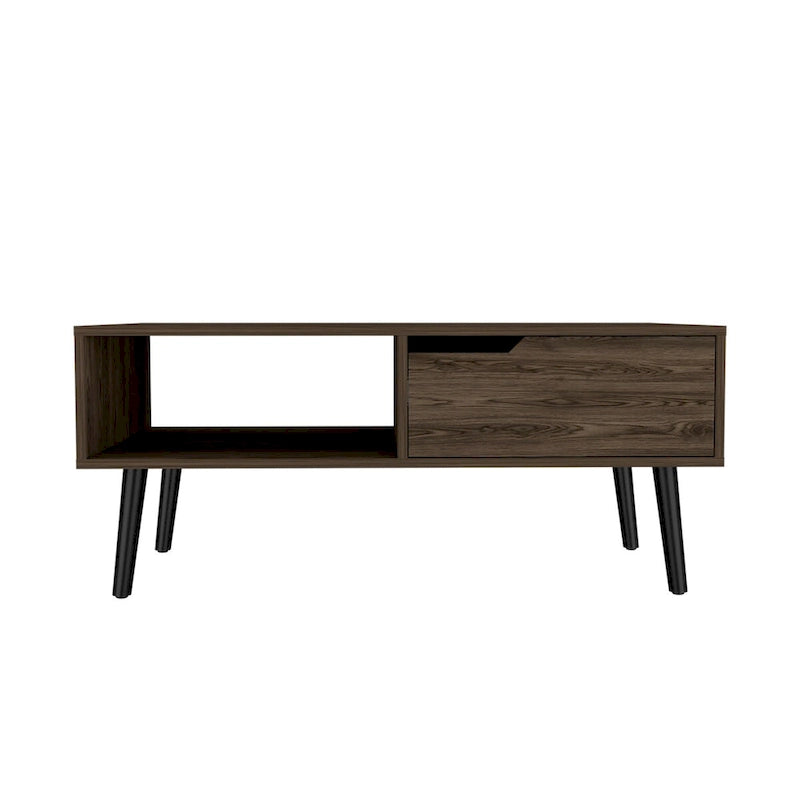 Table basse Mid-century en noyer foncé avec tiroir et étagère ouverte