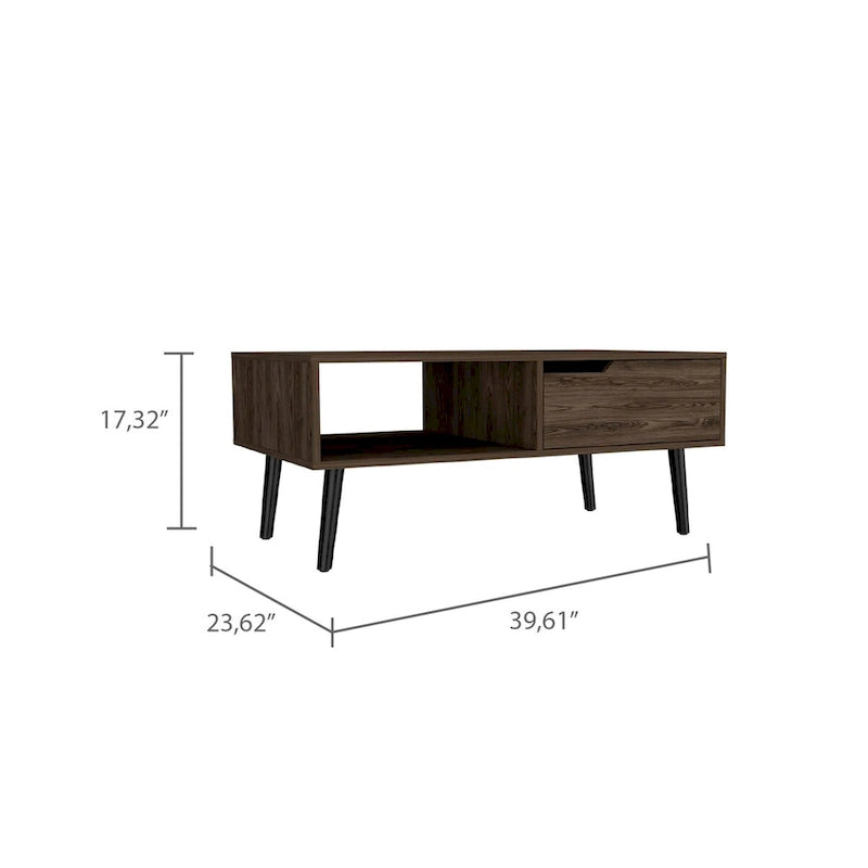 Table basse Mid-century en noyer foncé avec tiroir et étagère ouverte